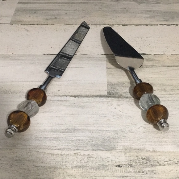 Silver tone with clear & brown glass beaded pies server set knife and server - Picture 2 of 6